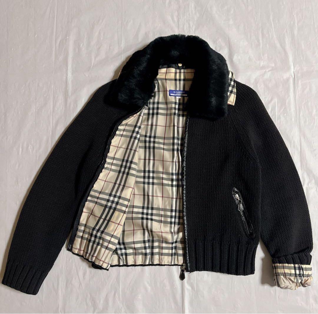 バーバリーロンドンブルーレーベル　ニットジャケット　ノバチェック　ラビットファー