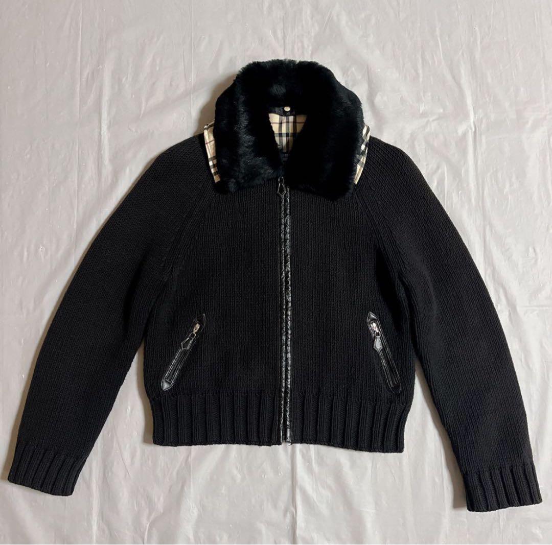 バーバリーロンドンブルーレーベル　ニットジャケット　ノバチェック　ラビットファー