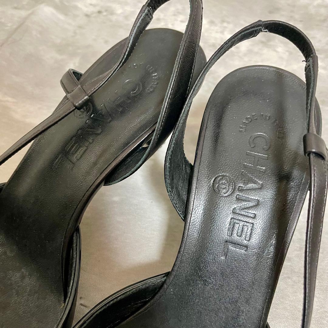 箱あり CHANEL シャネル バックスリング リボン ブラック ヒール