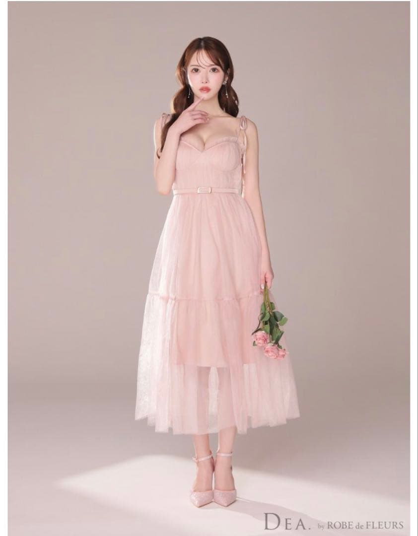 美品エレガントショルダーリボン ベルトデザイン ギャザー チュール Aライン