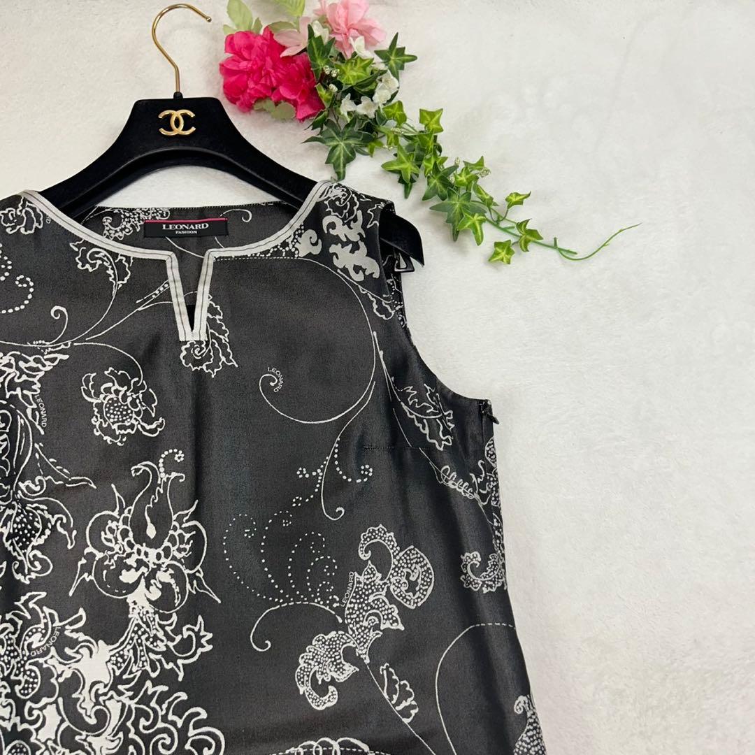 K667 美品 M レオナール シルク混 ひざ丈ワンピース ブラック レディース