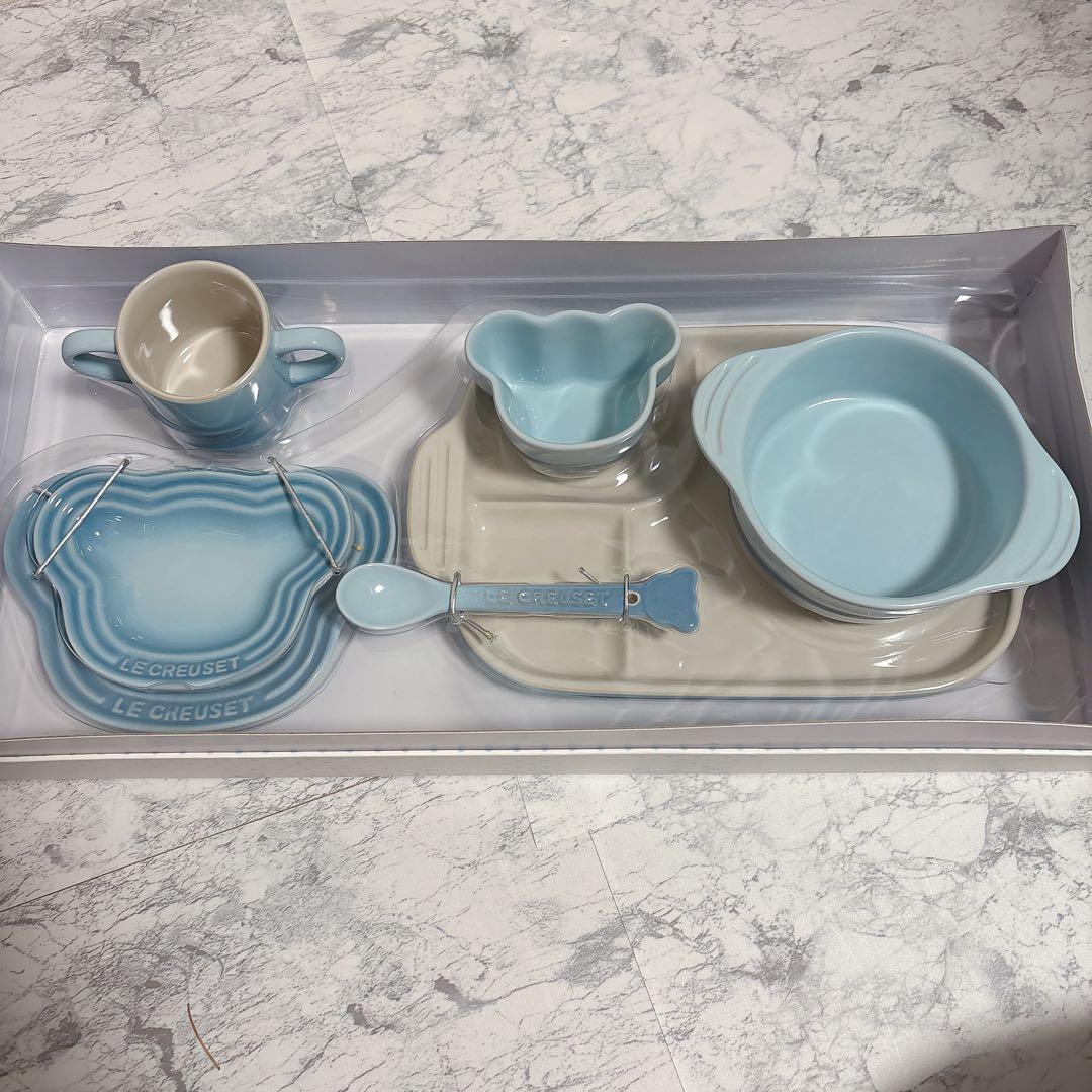 【新品未使用】ル・クルーゼ お食い初め 離乳食 ベビー 7点セット ブルー