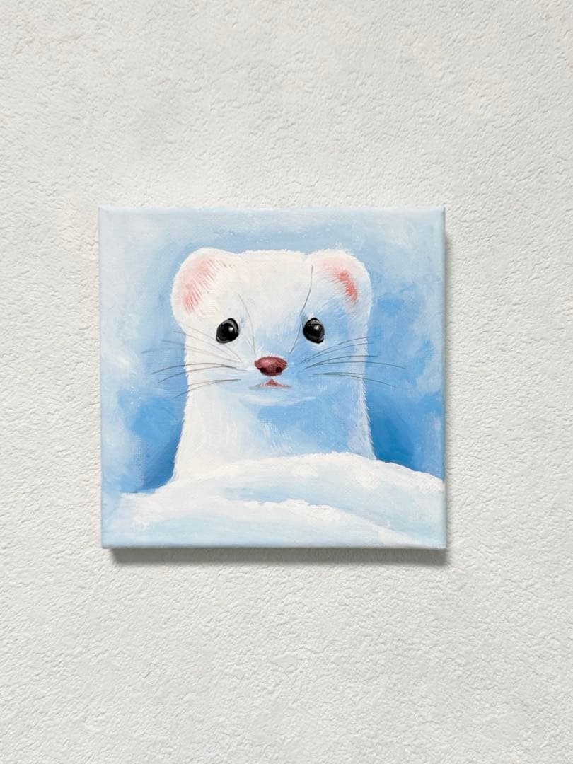 オコジョ　アクリル画　色鉛筆画　額縁付き