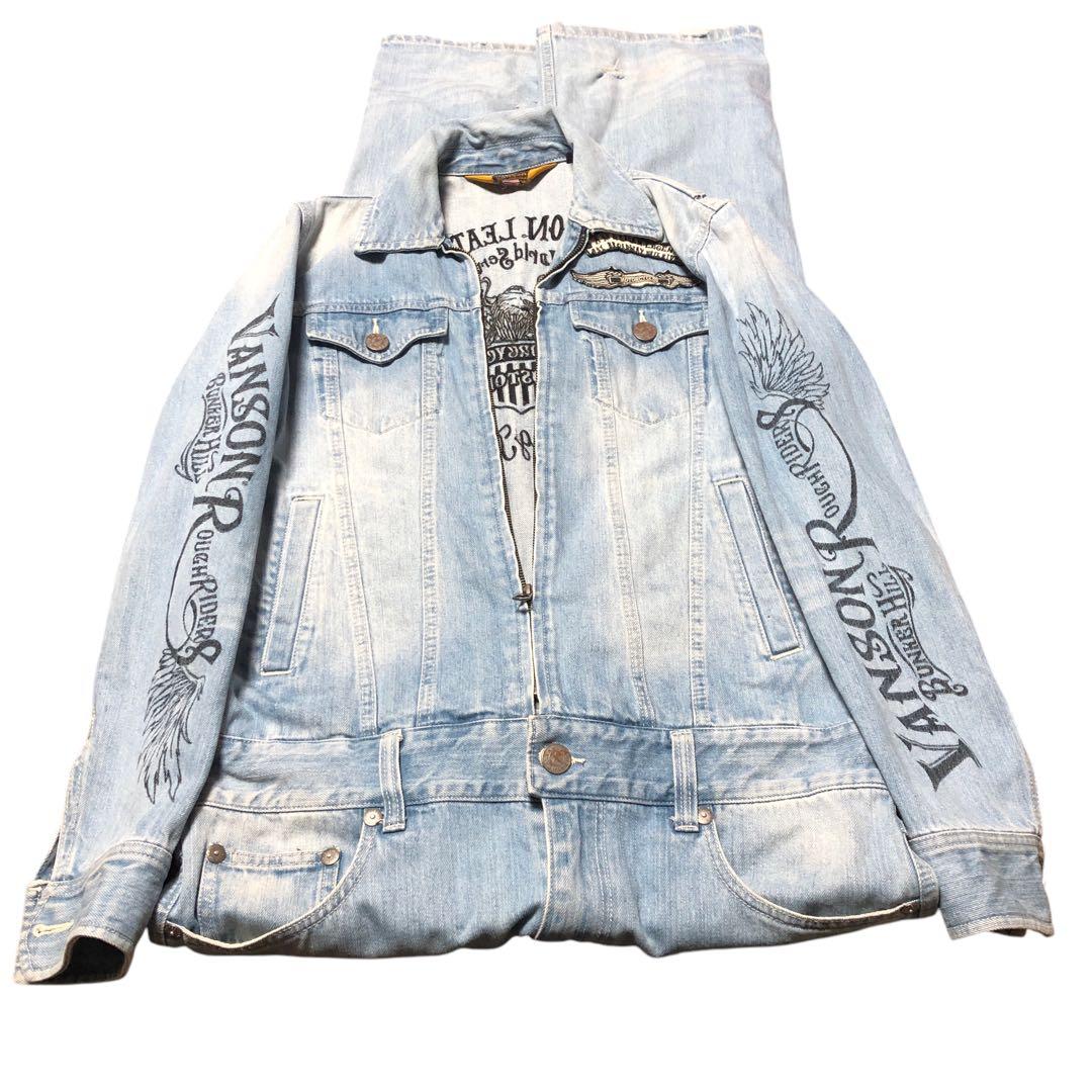 即納　vanson 刺繍入りライトブルー　デニムつなぎ　オールイン