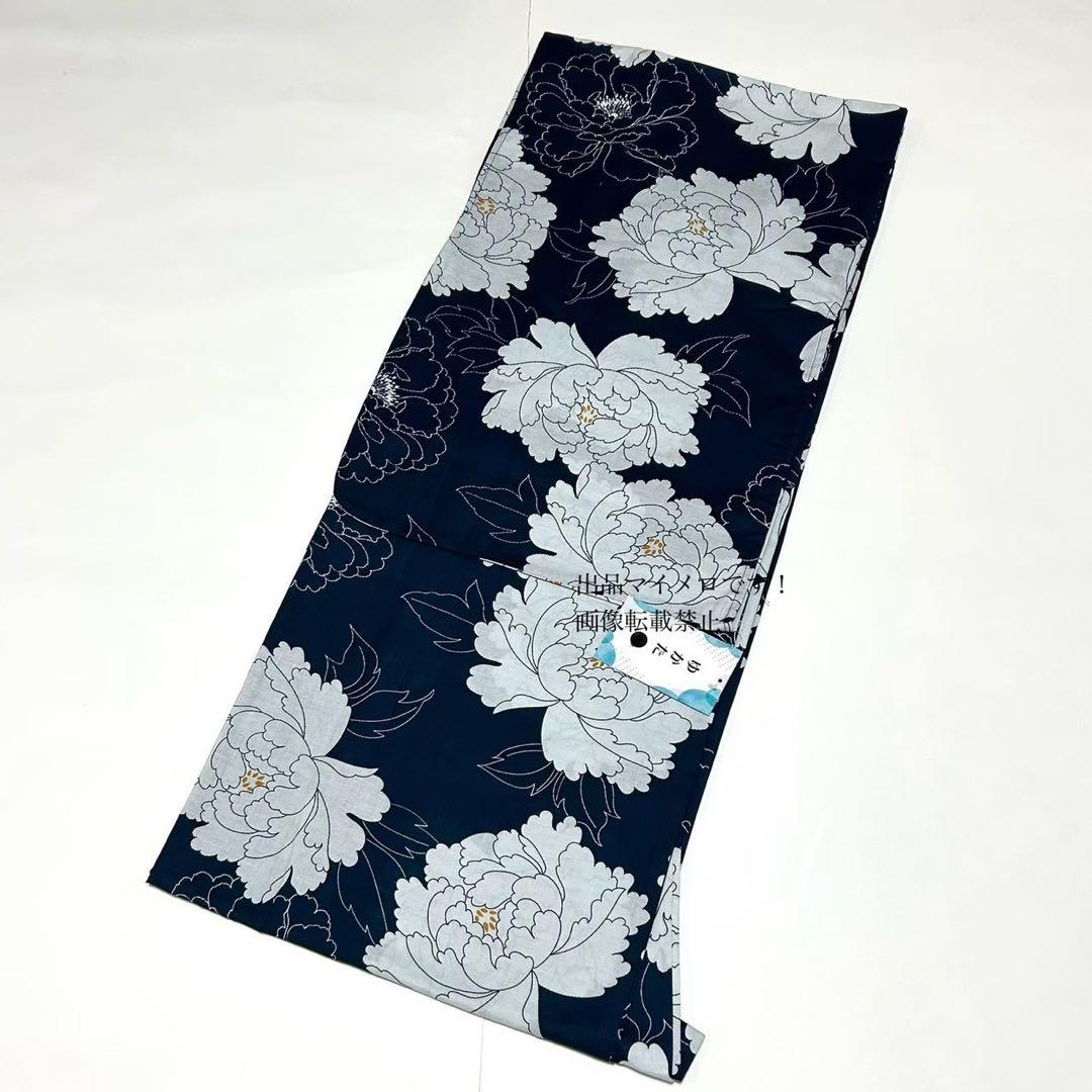 浴衣　大きめサイズ　浴衣 3L 牡丹　濃紺　兵児帯エンジ　2点　新品　0720③