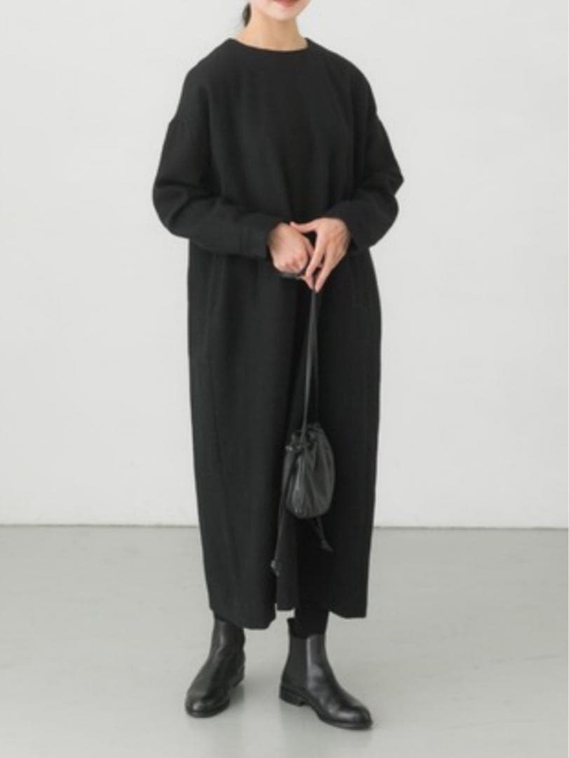 かぐれ kagure ウールサージワイドワンピース 黒 ロング 七分袖