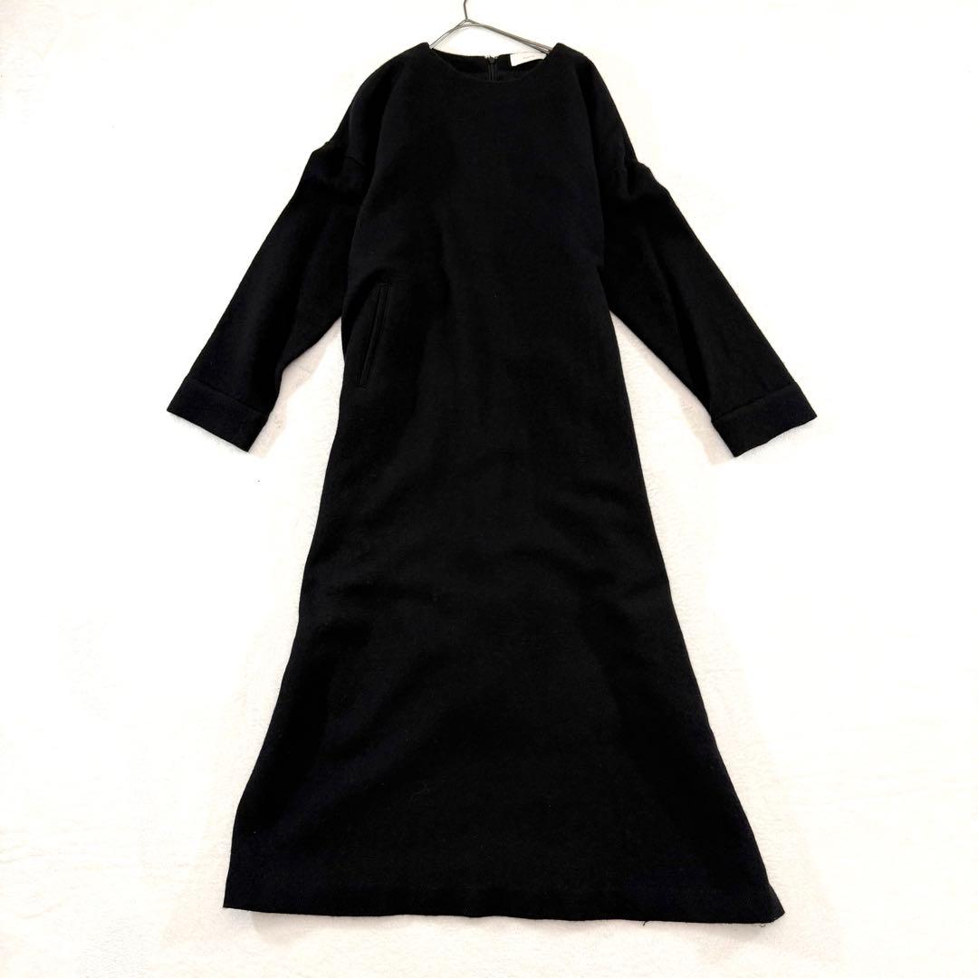 かぐれ kagure ウールサージワイドワンピース 黒 ロング 七分袖