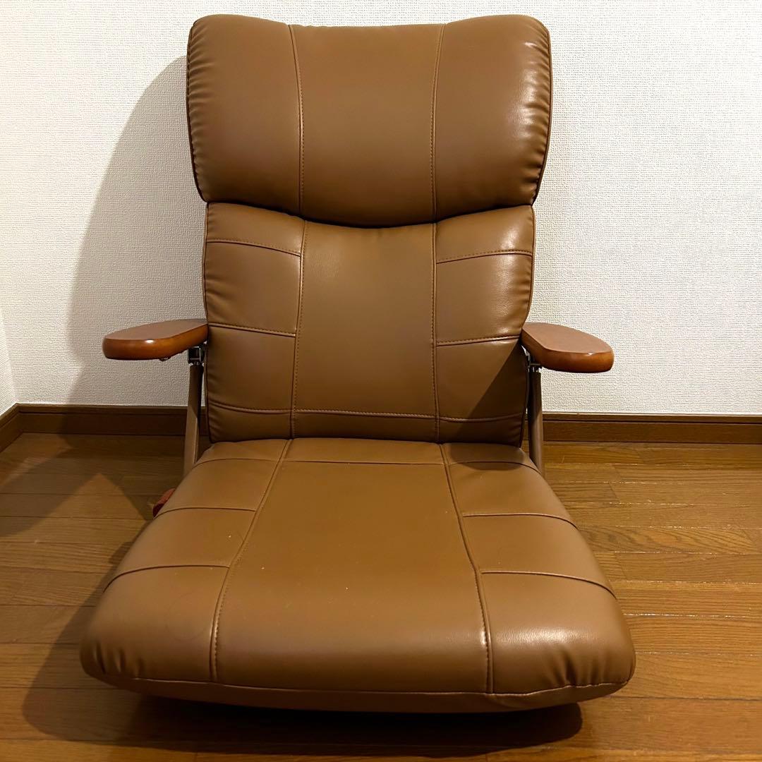 日本製 座椅子リクライニング　木肘スーパーソフトレザー360度回転 　蓮