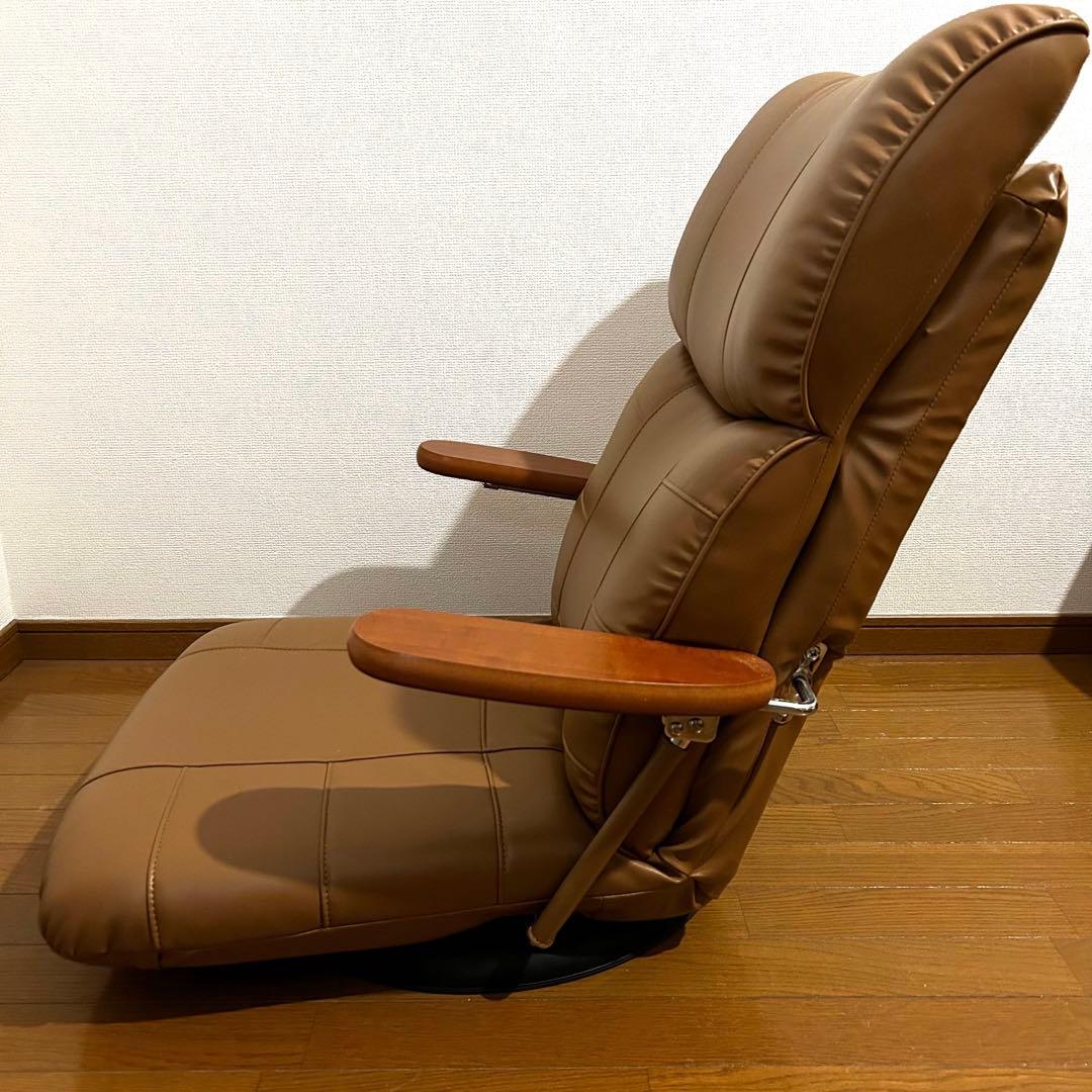 日本製 座椅子リクライニング　木肘スーパーソフトレザー360度回転 　蓮