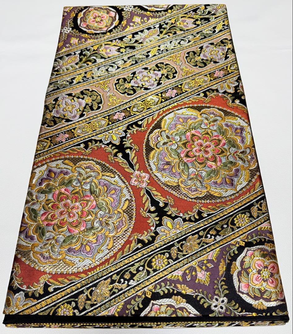 高級 袋帯 正絹 六通柄 ブラック ゴールド 花文様 フォーマル 訪問着