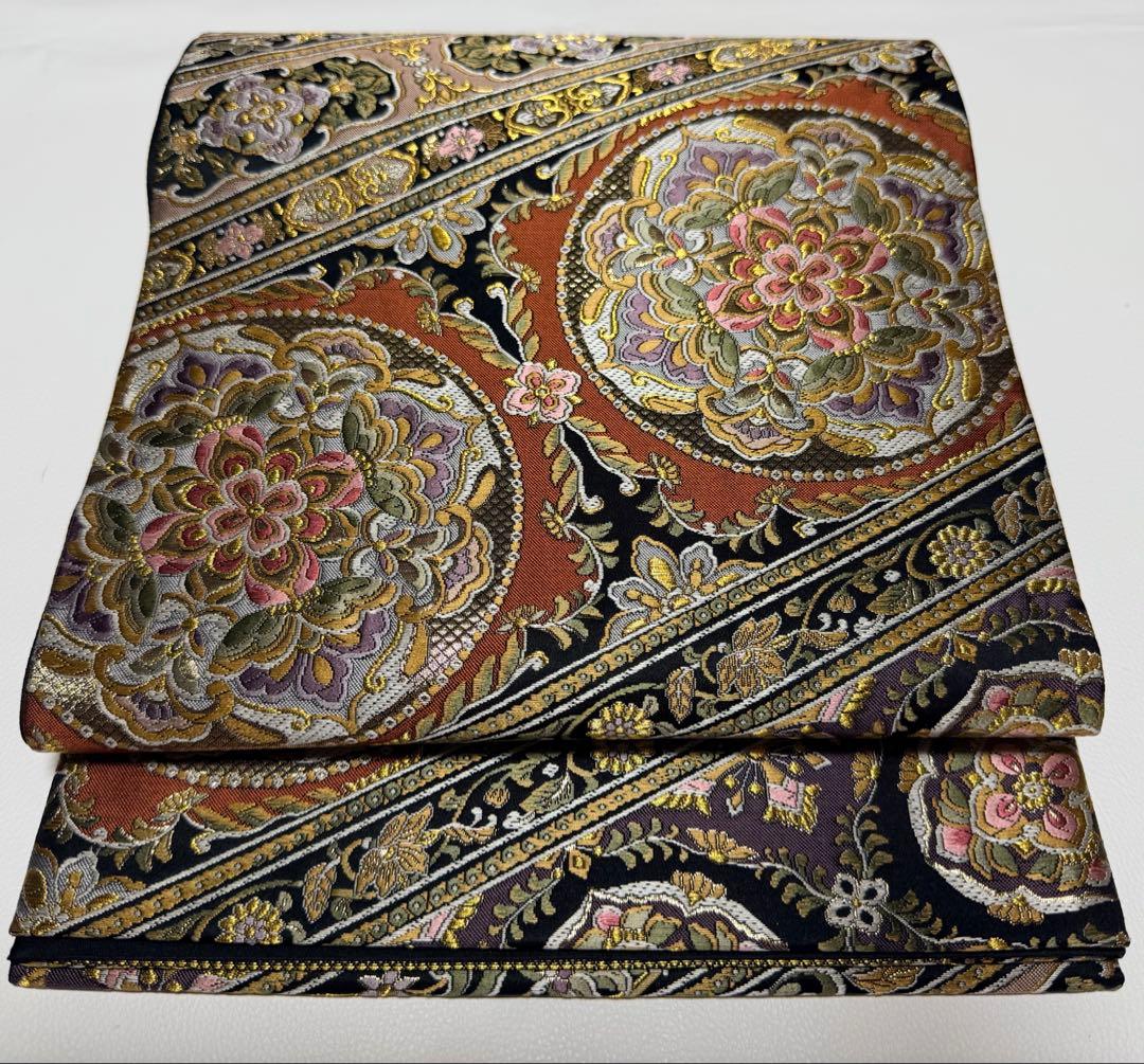 高級 袋帯 正絹 六通柄 ブラック ゴールド 花文様 フォーマル 訪問着