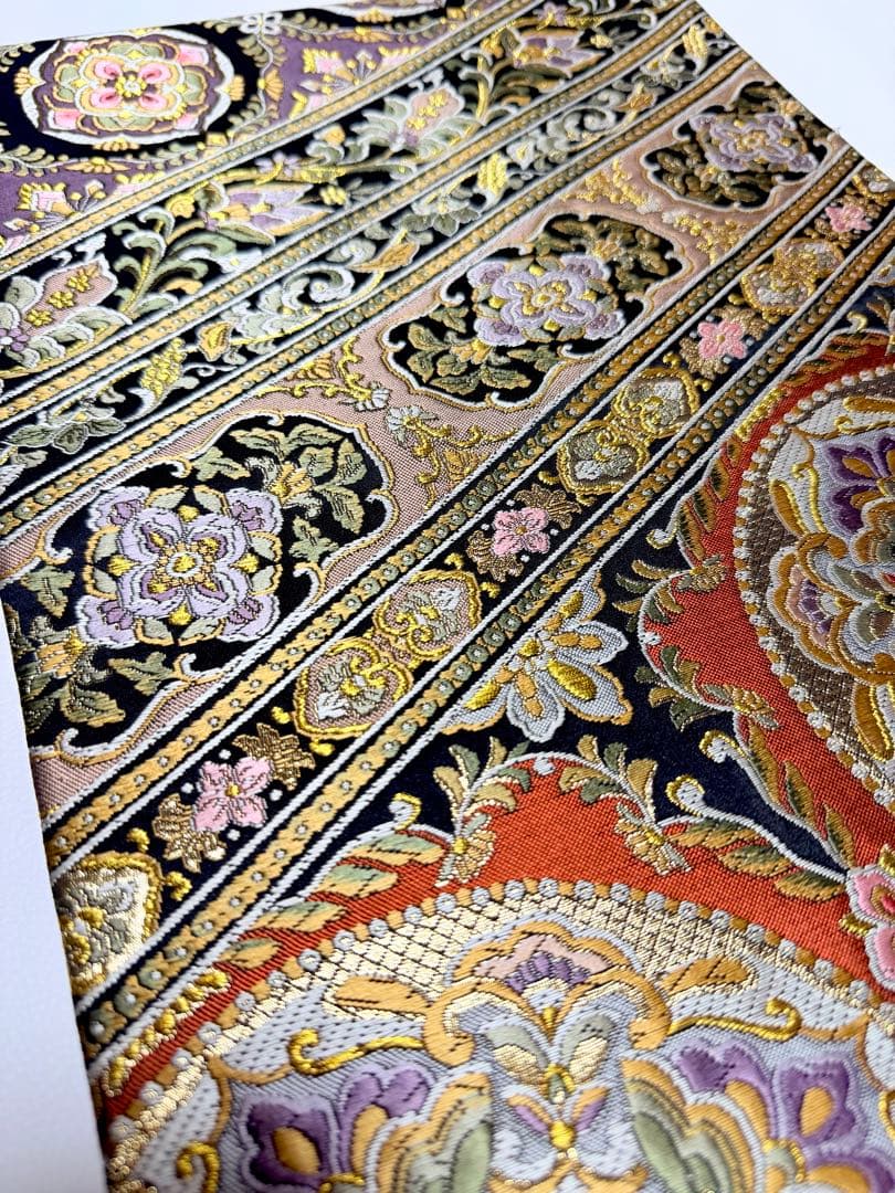 高級 袋帯 正絹 六通柄 ブラック ゴールド 花文様 フォーマル 訪問着