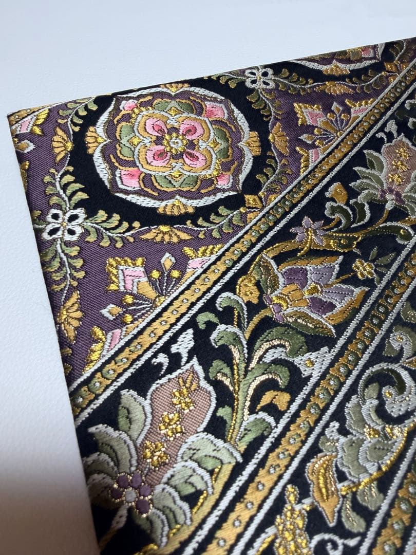 高級 袋帯 正絹 六通柄 ブラック ゴールド 花文様 フォーマル 訪問着