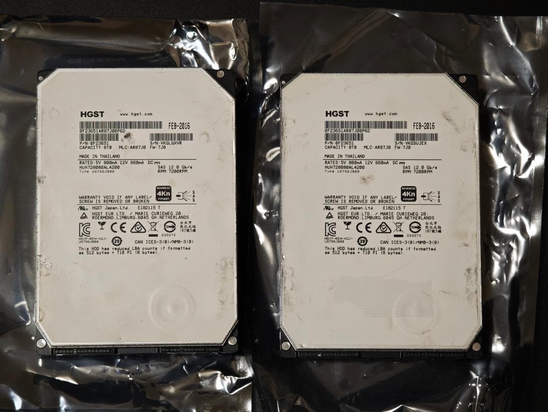 [ジャンク]HGST 8TB HDD HUH728080AL4200　2台