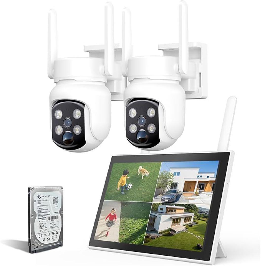 防犯カメラ 屋外 500万画素 2台セット 10インチモニター付き 360°回転