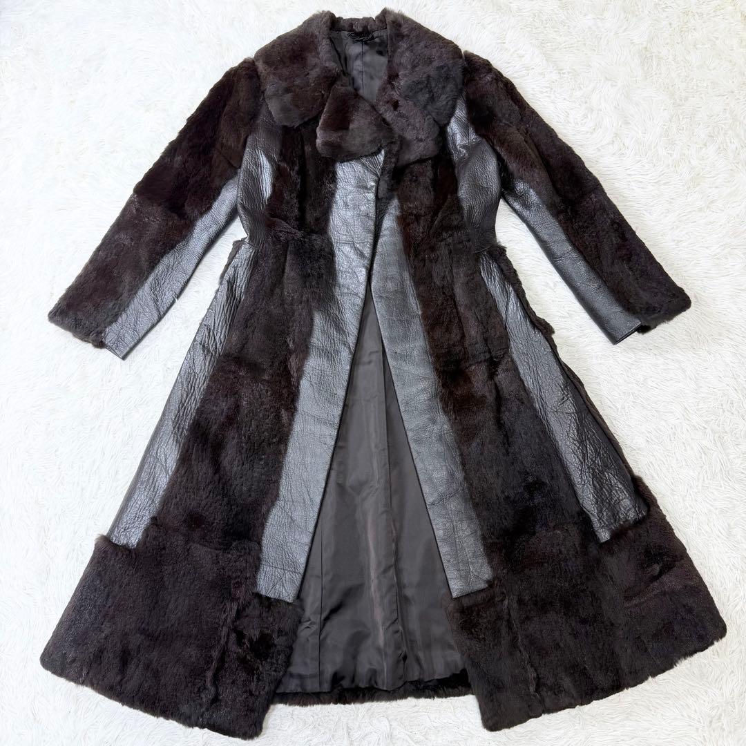 3点まとめ　リアルファー　ロングレザーコート　切り替え　ダークブラウン