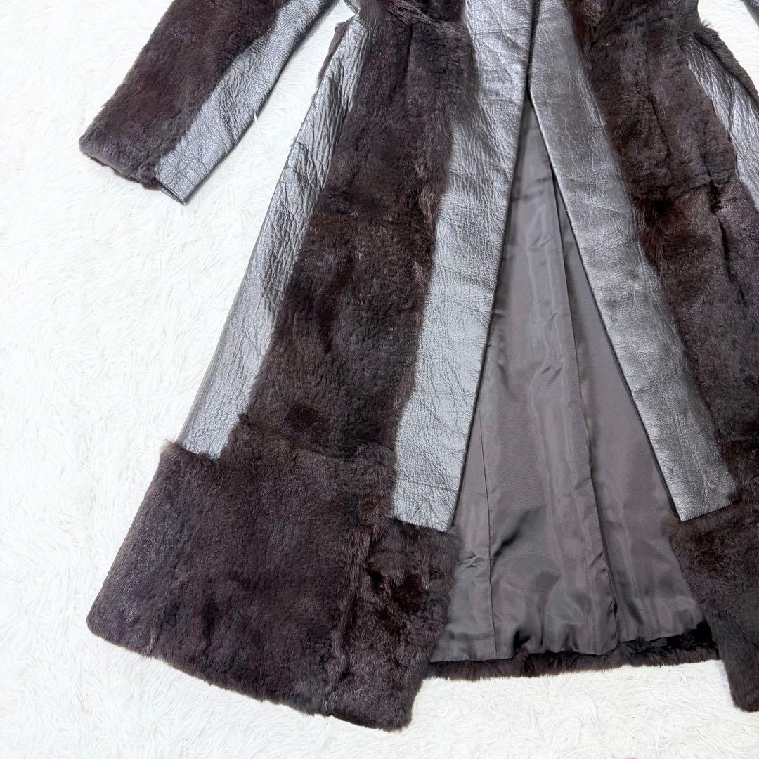 3点まとめ　リアルファー　ロングレザーコート　切り替え　ダークブラウン