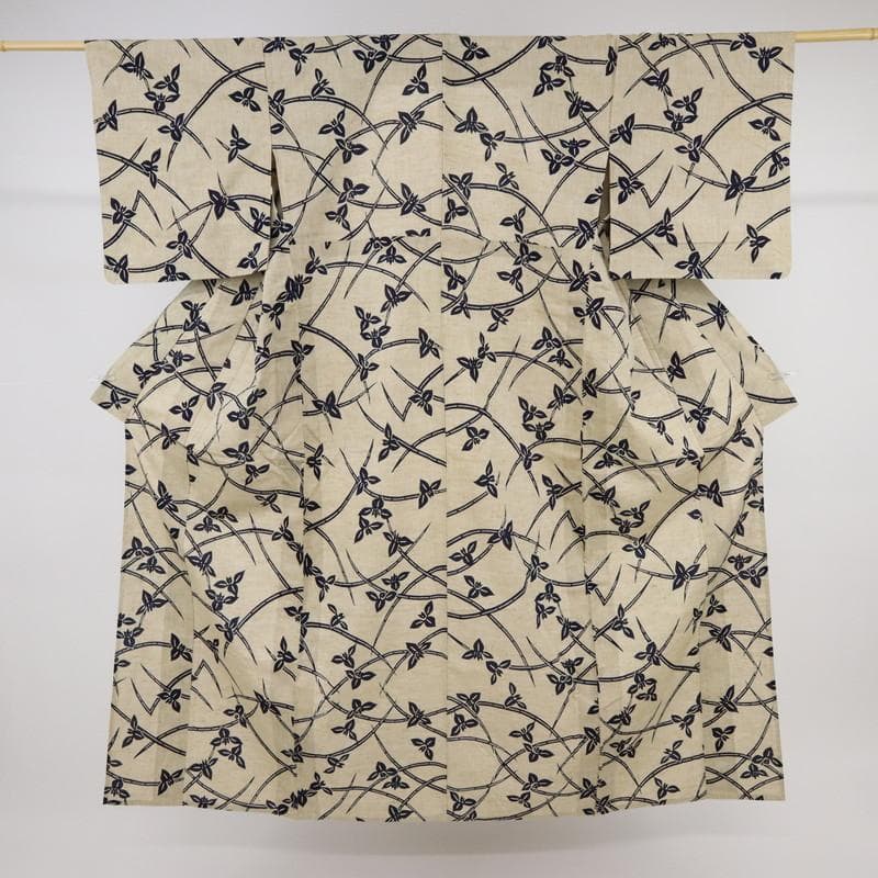 《浴衣■綿紬◆菖蒲の花模様■ベージュ◆木綿■◆夏着物◆US7-14》