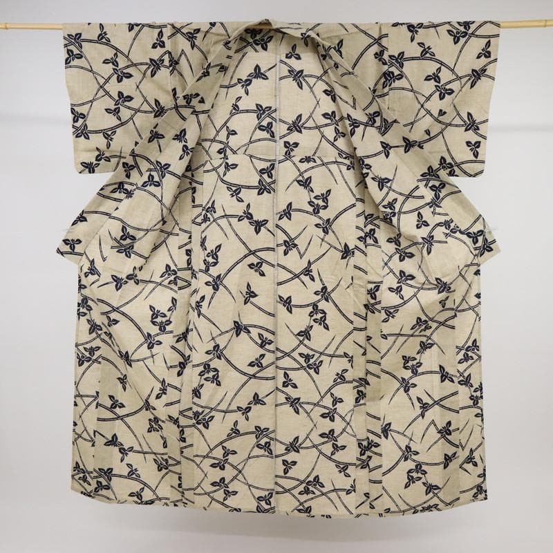 《浴衣■綿紬◆菖蒲の花模様■ベージュ◆木綿■◆夏着物◆US7-14》
