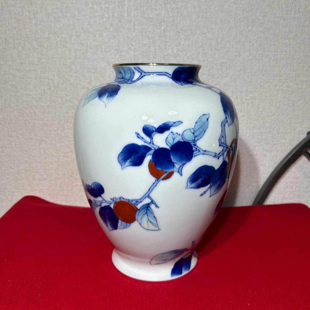 深川製磁　オールド深川　染付色絵柿図 花瓶　花入　宮内庁御用達