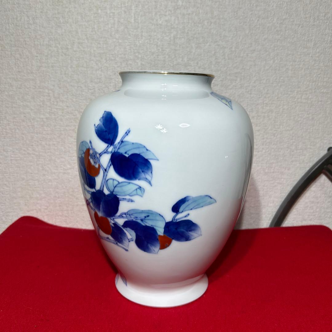 深川製磁　オールド深川　染付色絵柿図 花瓶　花入　宮内庁御用達