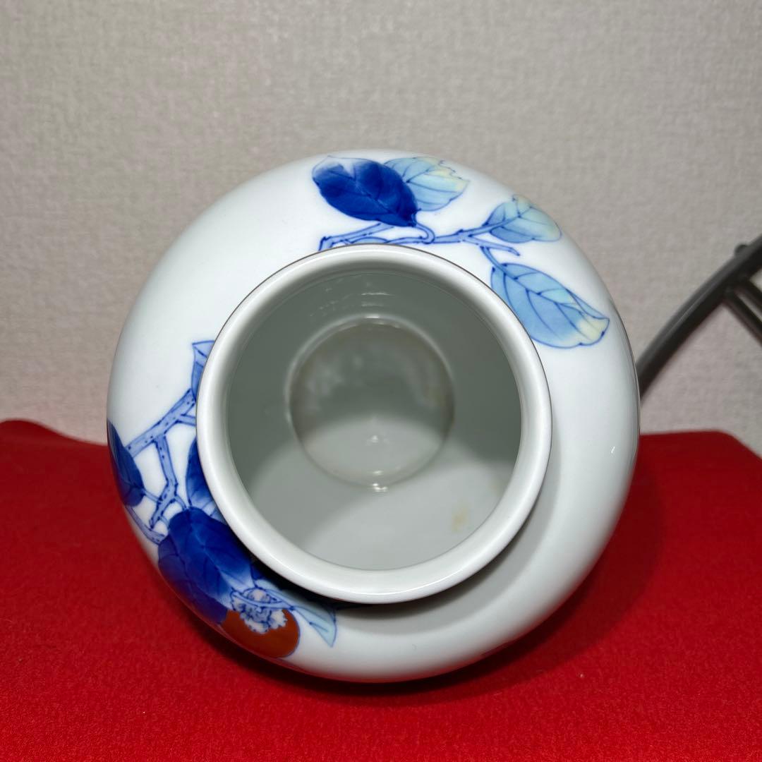深川製磁　オールド深川　染付色絵柿図 花瓶　花入　宮内庁御用達