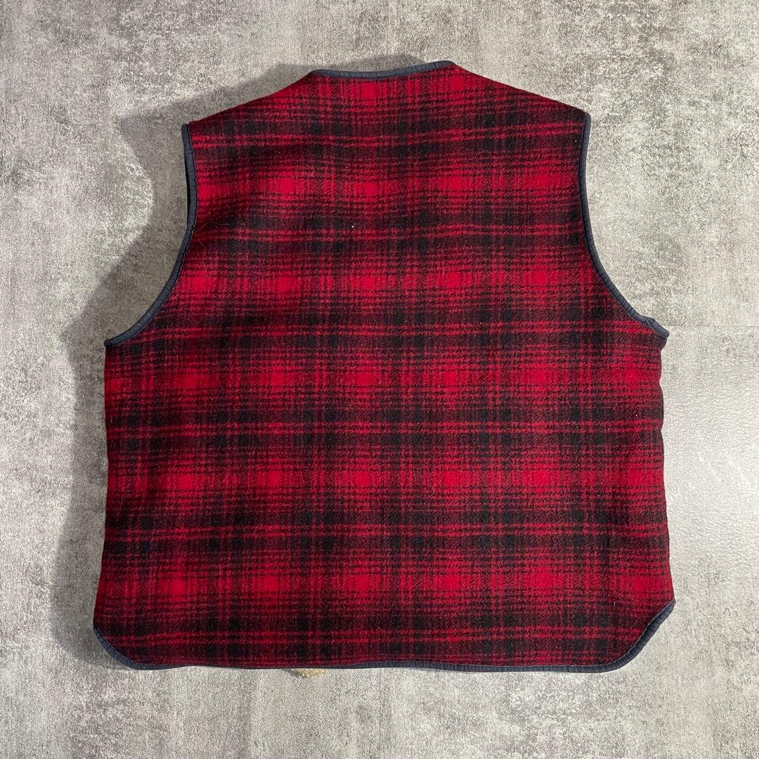 80's美品WoolrichウールリッチUSA製ベスト赤チェックXL裏地ファー