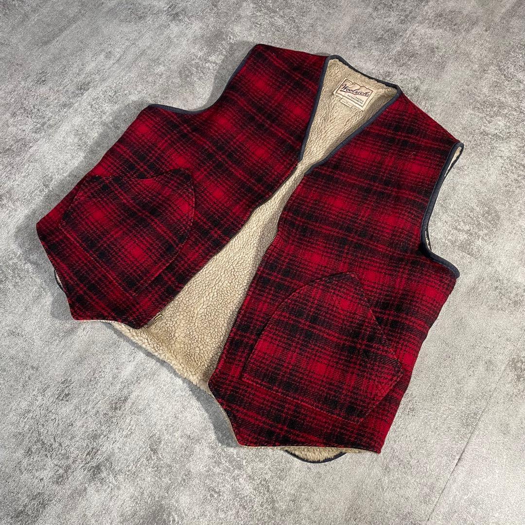 80's美品WoolrichウールリッチUSA製ベスト赤チェックXL裏地ファー