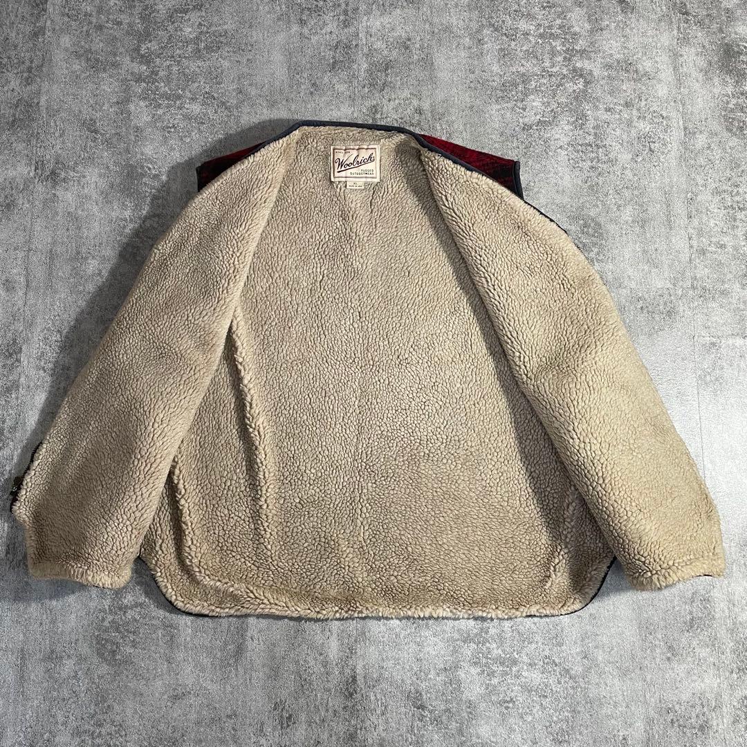 80's美品WoolrichウールリッチUSA製ベスト赤チェックXL裏地ファー