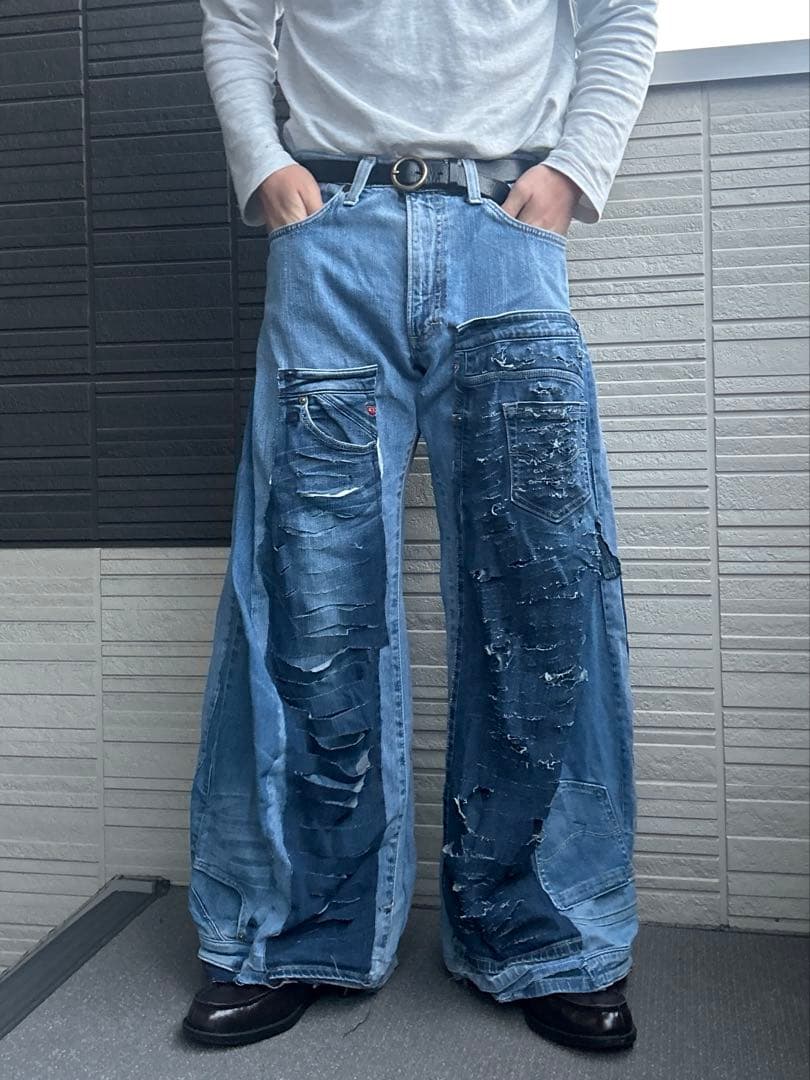 【再構築】リメイクデニム ワイドパンツ ハードダメージ加工 ボロ パッチワーク