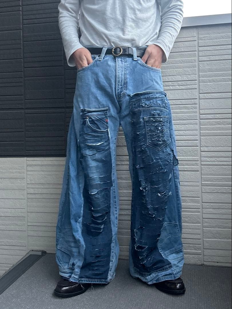 【再構築】リメイクデニム ワイドパンツ ハードダメージ加工 ボロ パッチワーク
