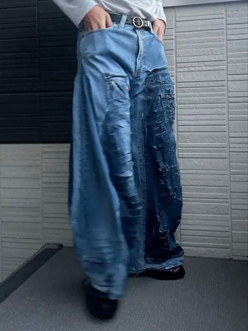 【再構築】リメイクデニム ワイドパンツ ハードダメージ加工 ボロ パッチワーク