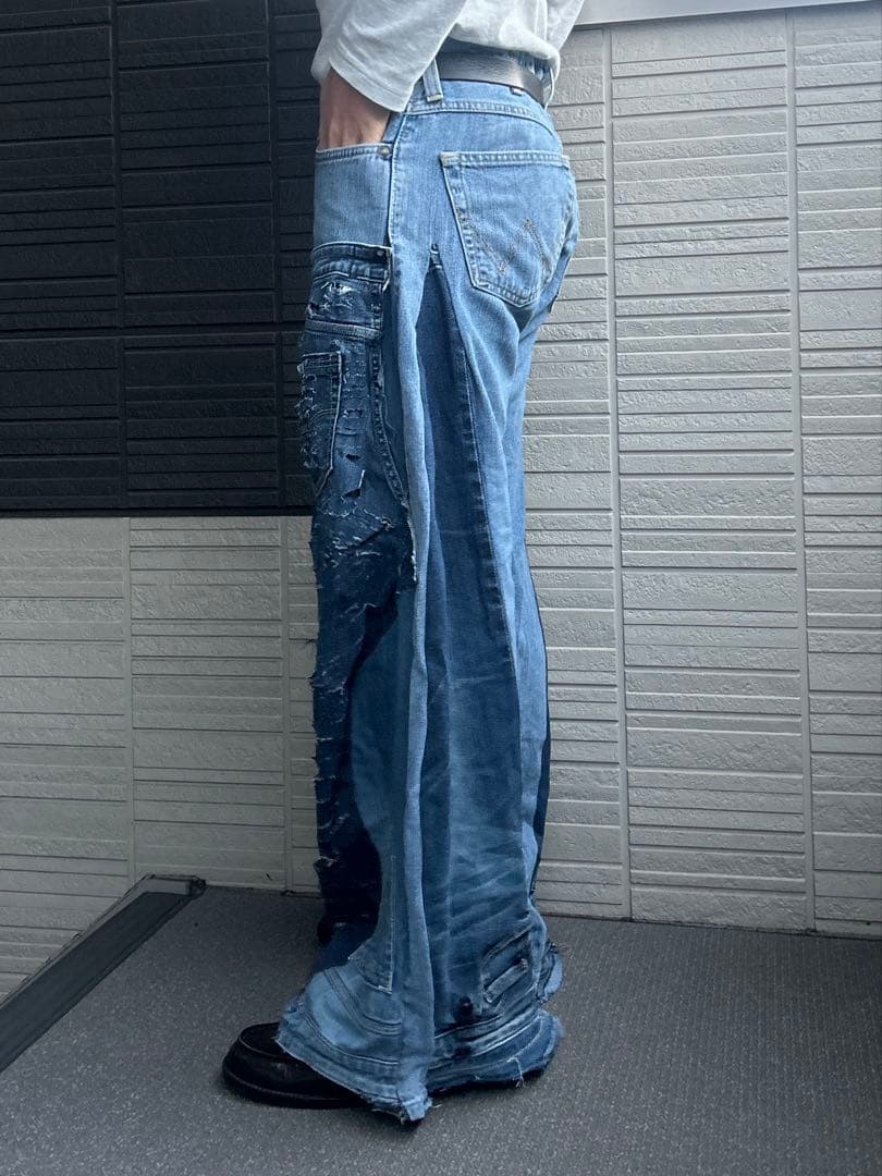【再構築】リメイクデニム ワイドパンツ ハードダメージ加工 ボロ パッチワーク