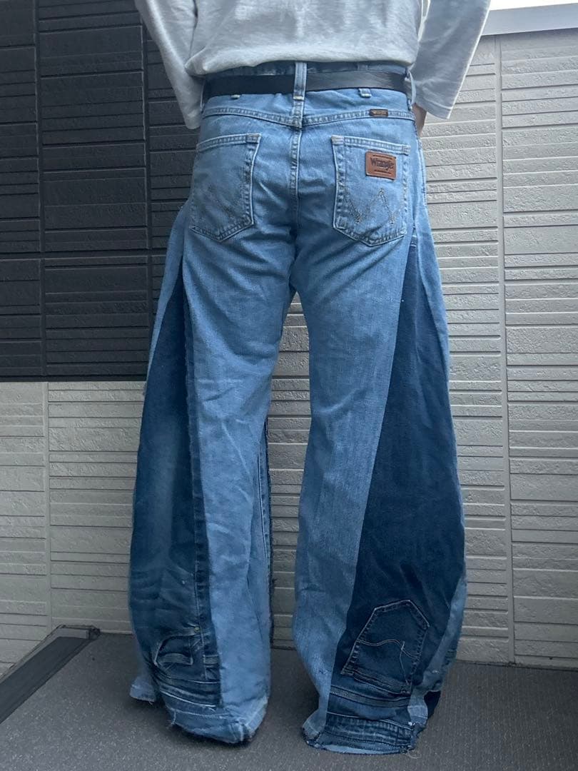 【再構築】リメイクデニム ワイドパンツ ハードダメージ加工 ボロ パッチワーク