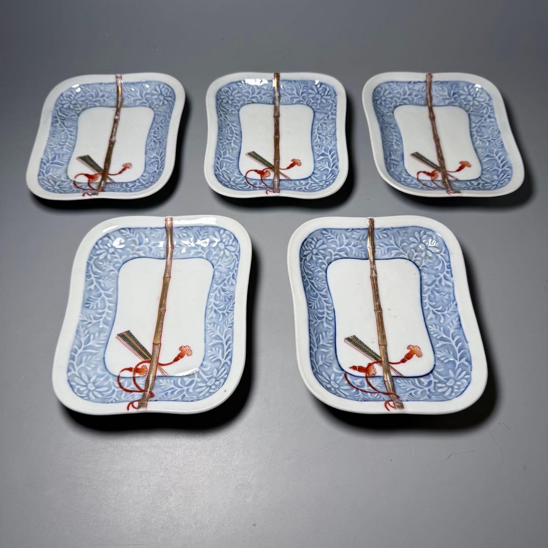 明治時代　有田焼　岩松平吾　色絵軍配形皿　五枚　角岩印　陽刻　珍品　器を楽しむ