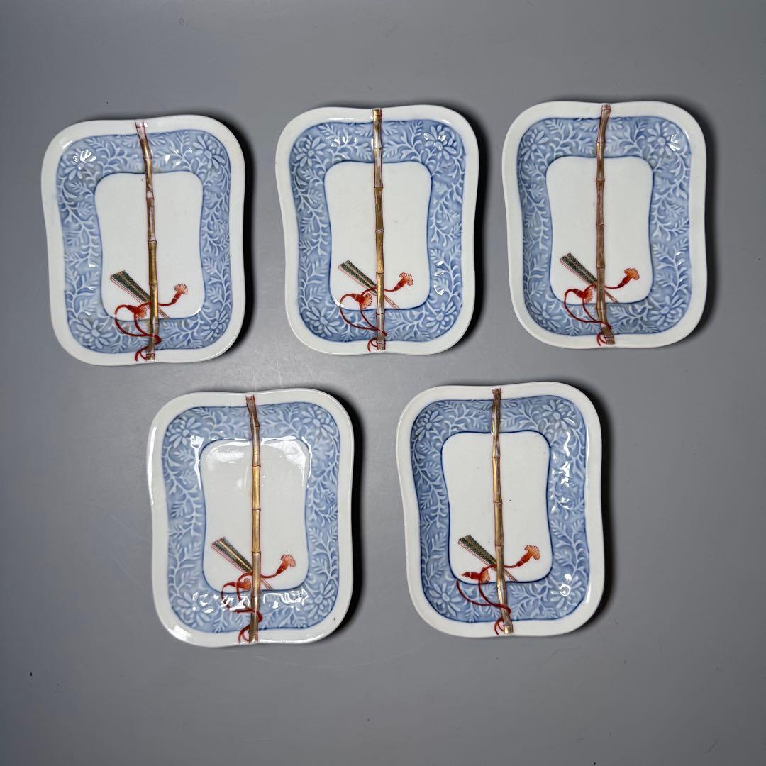 明治時代　有田焼　岩松平吾　色絵軍配形皿　五枚　角岩印　陽刻　珍品　器を楽しむ