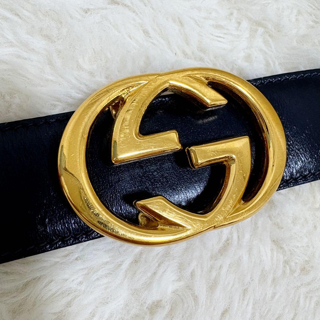美品　グッチ　ベルト　インターロッキング　GG ネイビー　レザー　本革
