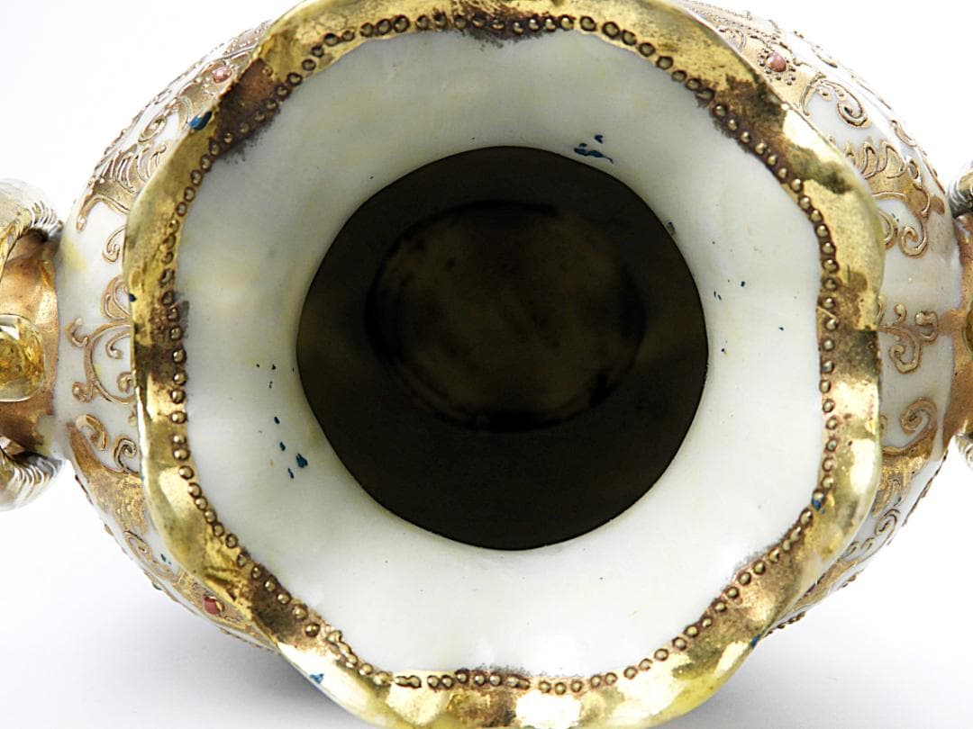 オールドノリタケ 金彩ジュエル風景画 プレッツェルハンドル 飾り壷 アンティーク