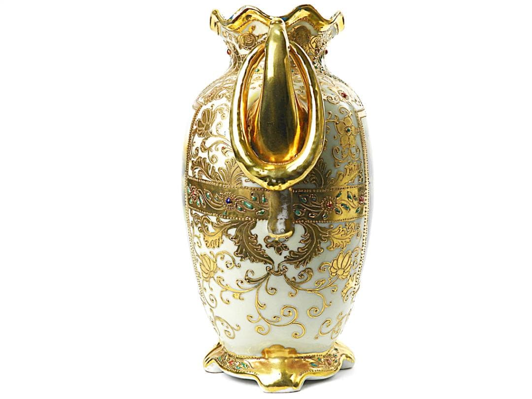 オールドノリタケ 金彩ジュエル風景画 プレッツェルハンドル 飾り壷 アンティーク