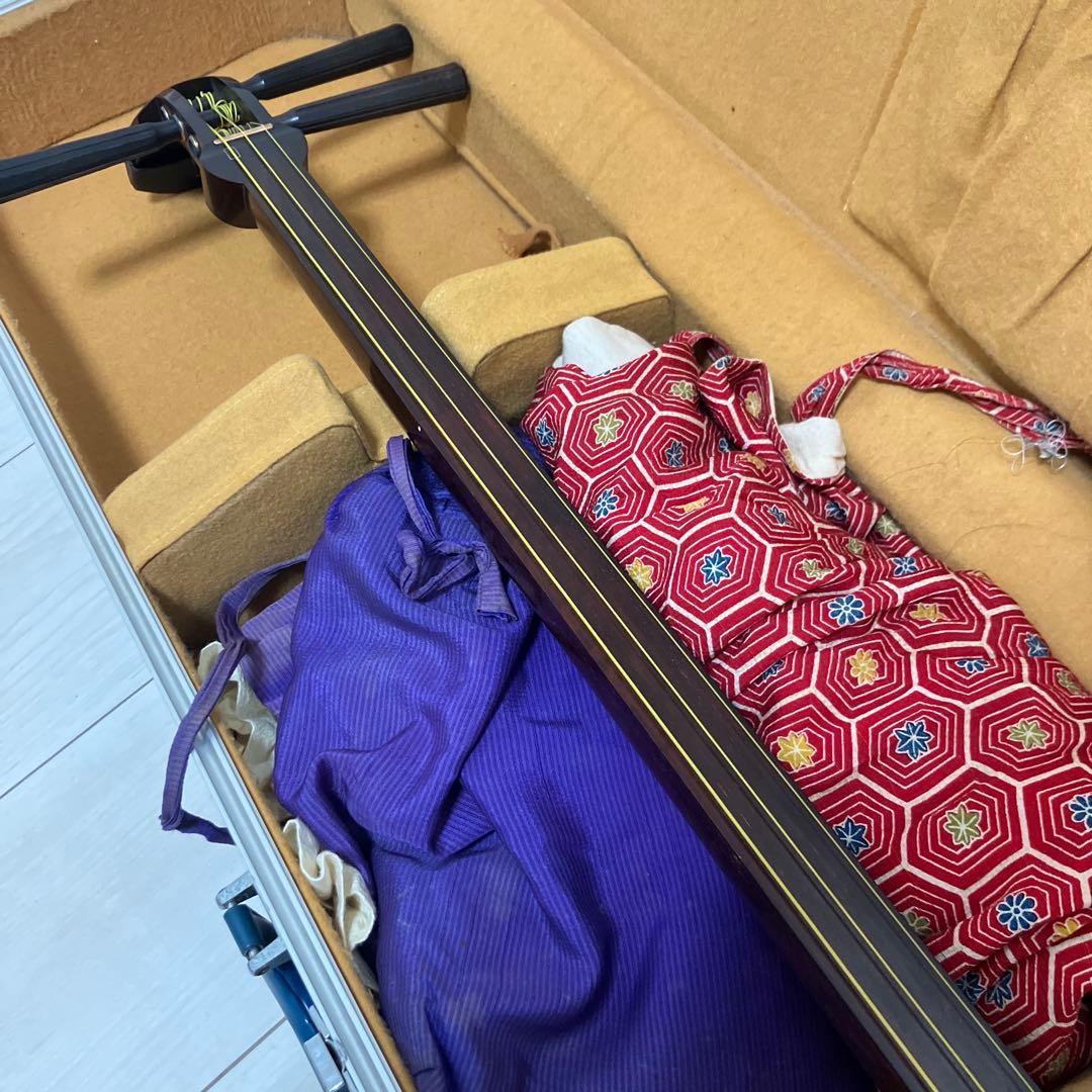 【太棹】三味線 溝 紅木　五厘太　綾杉胴　全長約95cm ハードケース付き