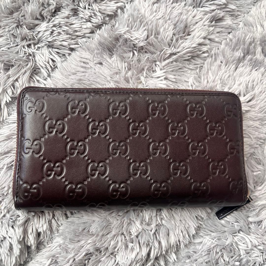 美品✨GUCCI ラウンドファスナー　シマ　リボン　ブラウン　長財布　レディース