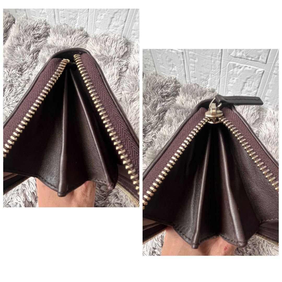 美品✨GUCCI ラウンドファスナー　シマ　リボン　ブラウン　長財布　レディース