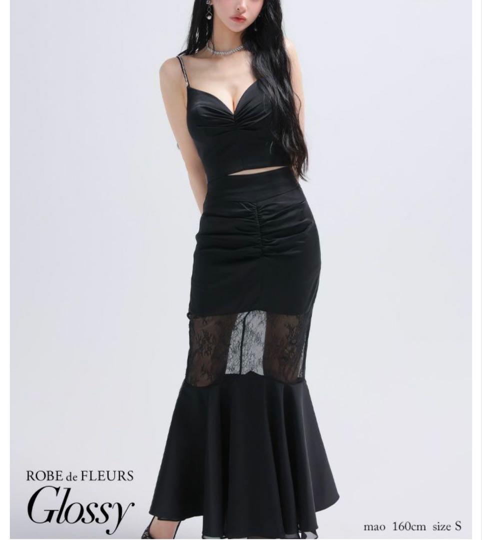 Glossy ブラックナイトドレス セットアップドレス フレアスカート