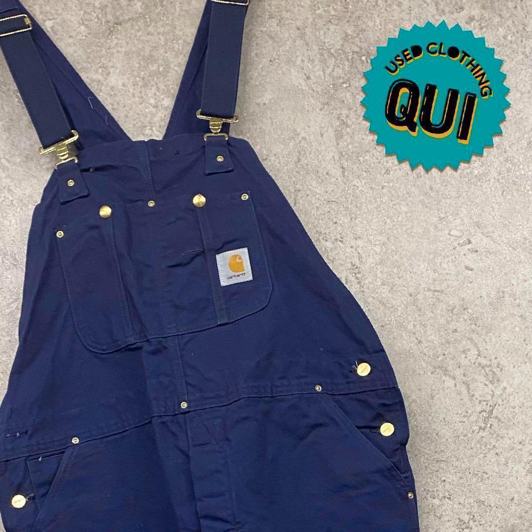 レアUSA製90s古着○カーハート オーバーオール ネイビー W42×L32