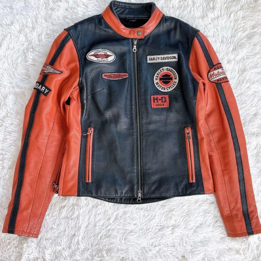 美品　ハーレーダビッドソン　レザージャケット　シングル　バイカラー　ワッペン
