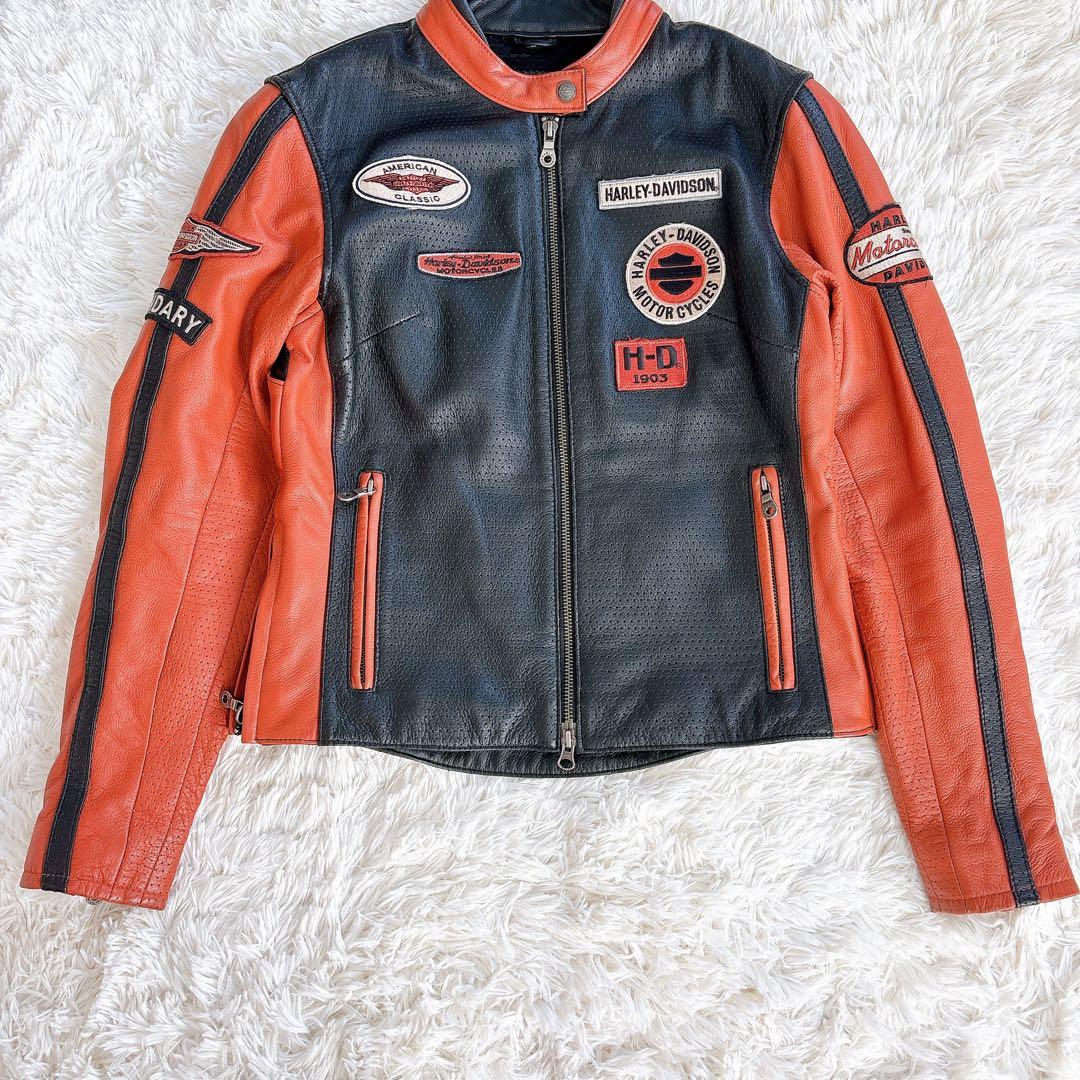 美品　ハーレーダビッドソン　レザージャケット　シングル　バイカラー　ワッペン