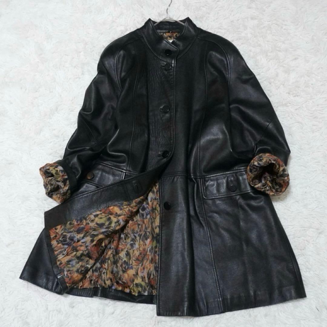 美品 ピエールバルマン ラムレザーロングコート 羊革 本革 派手裏地 黒