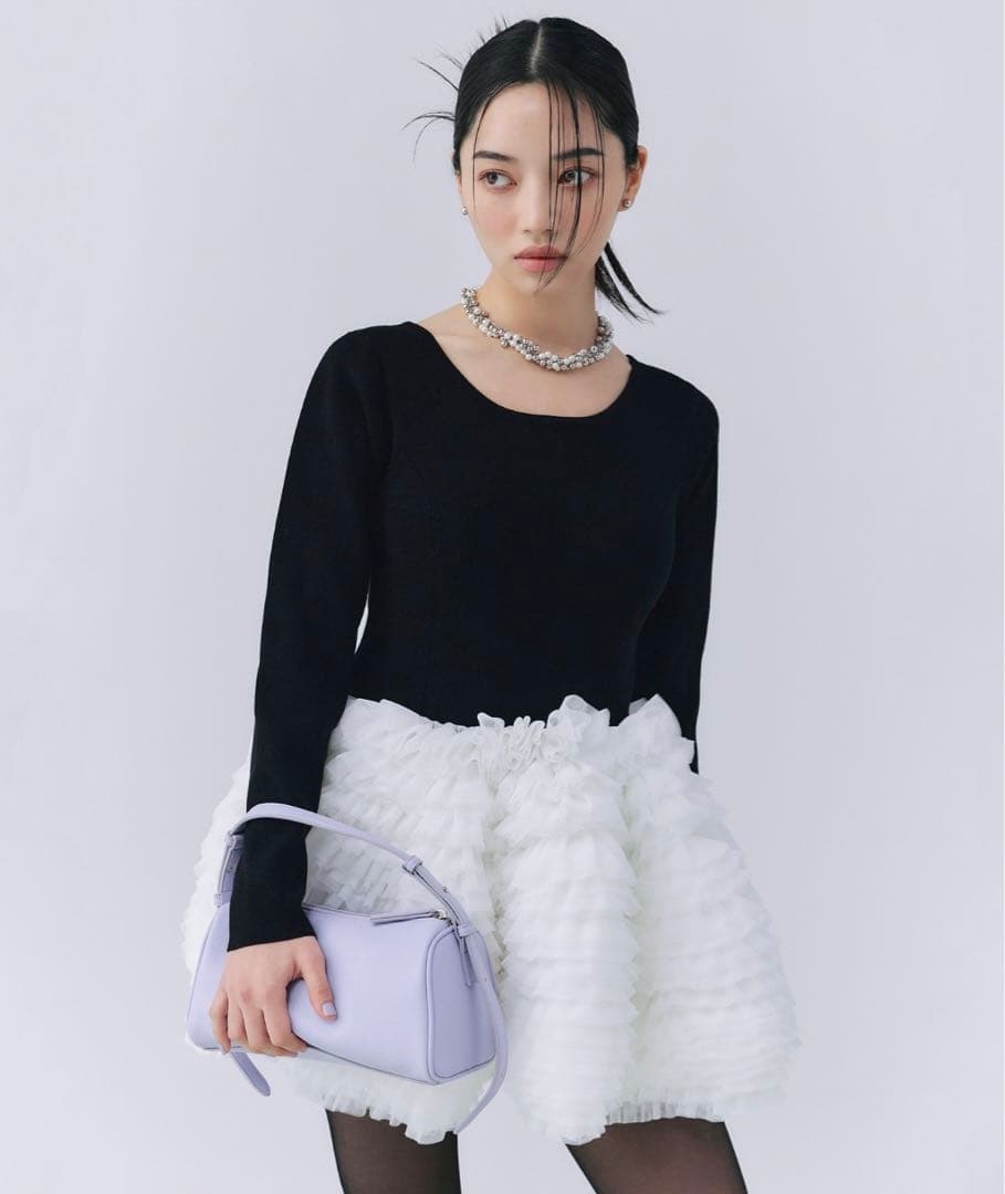 ボリュームチュールフリルニットワンピース