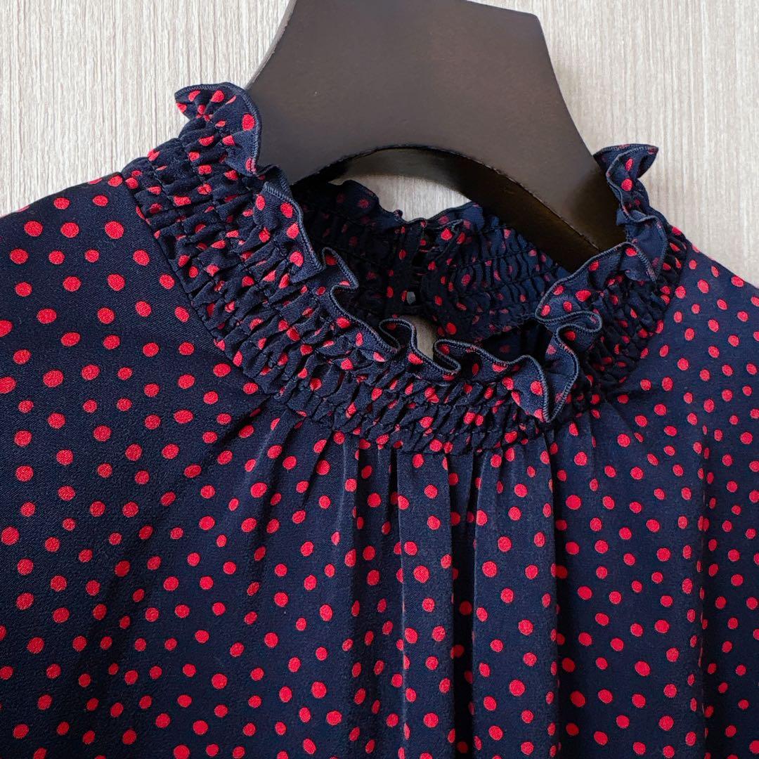 【846】アナイ　サテンドットプリントシャーリング　ワンピース　濃紺　赤　36