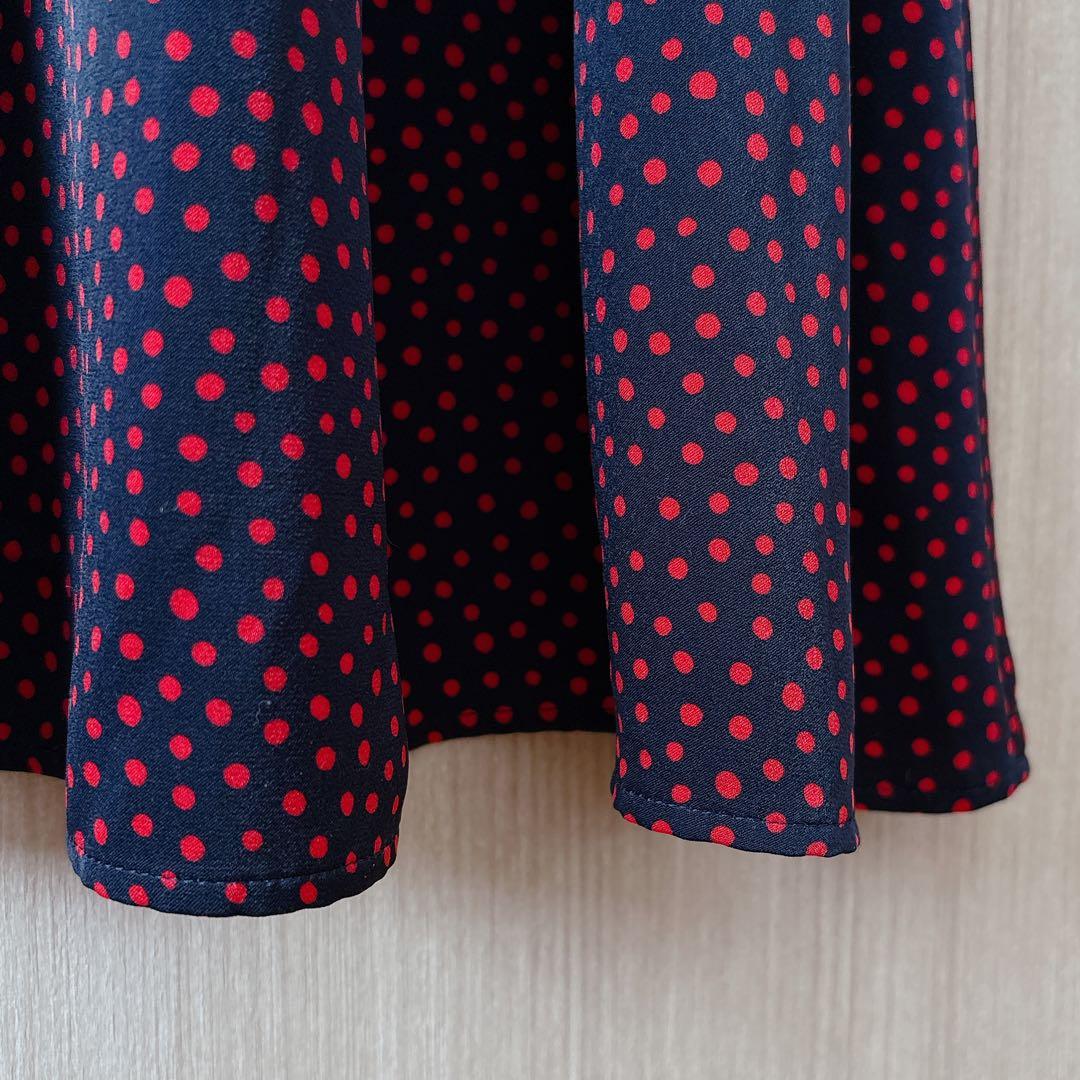 【846】アナイ　サテンドットプリントシャーリング　ワンピース　濃紺　赤　36